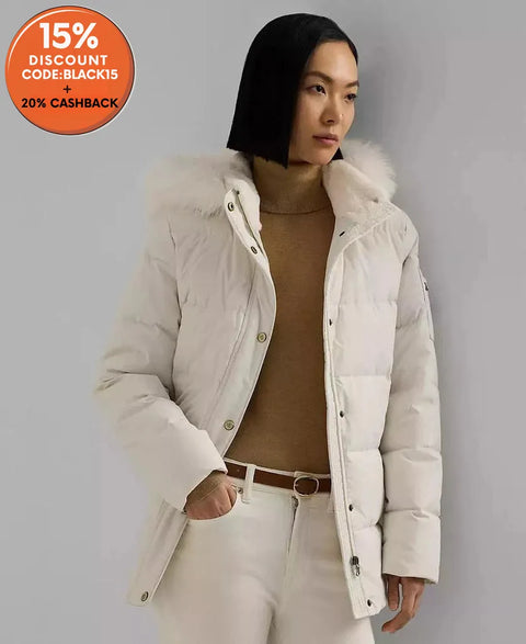 Lauren Ralph Lauren Women's White Faux-fur Hooded Puffer Coat |Lauren Ralph Lauren In Lebanon