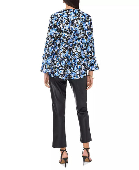 Vince Camuto Women's Black & Blue Floral V-Neck 3/4-Flutter-Sleeve Blouse | Vince Camuto In Lebanon