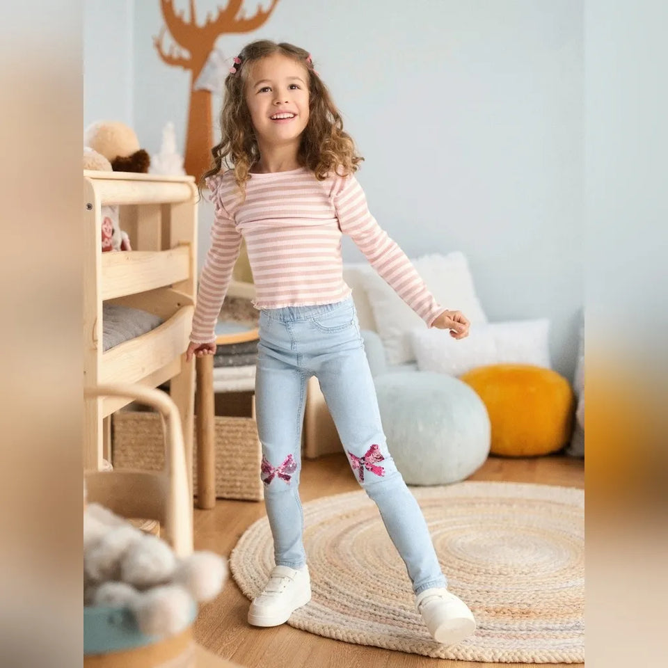 Sinsay Girl's Light Blue Elastic Waist Bow Sequin Denim Jeans
