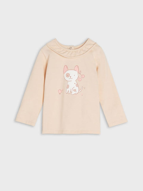 Beige long-sleeve shirt with a cartoon deer design on a light gray background
