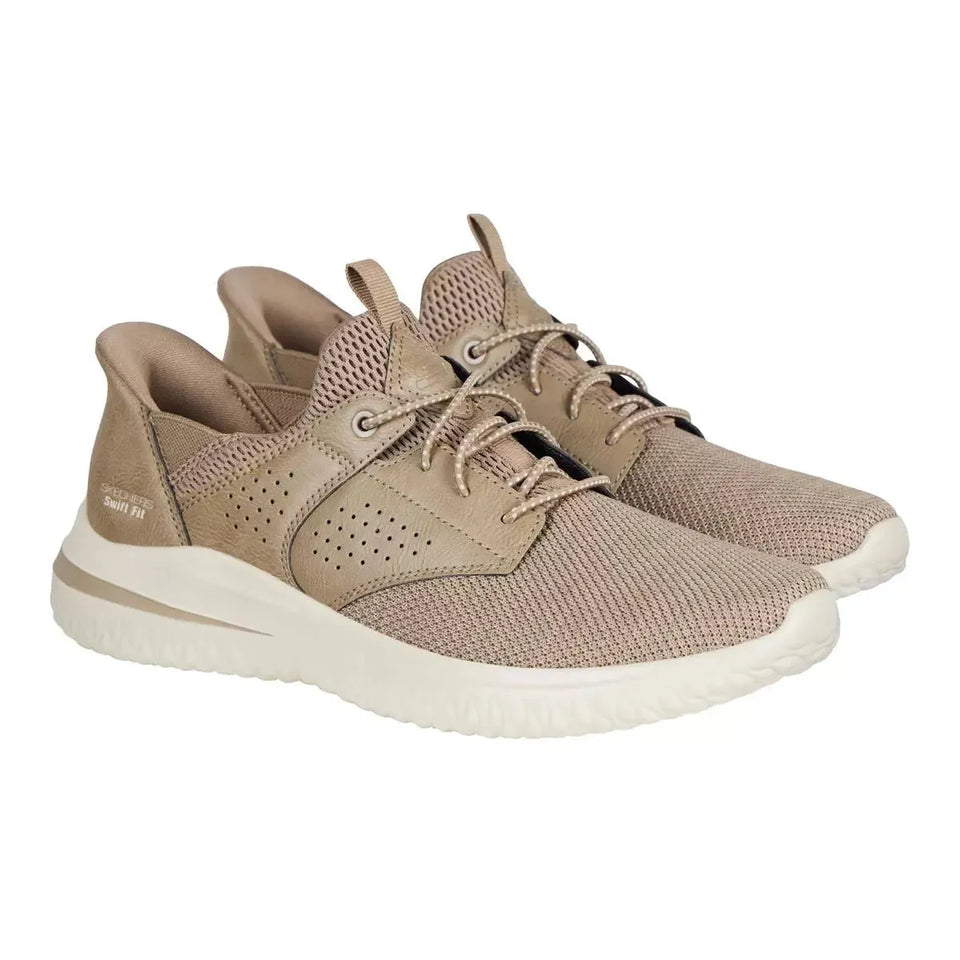 Beige running shoes with a cashback offer on a white background