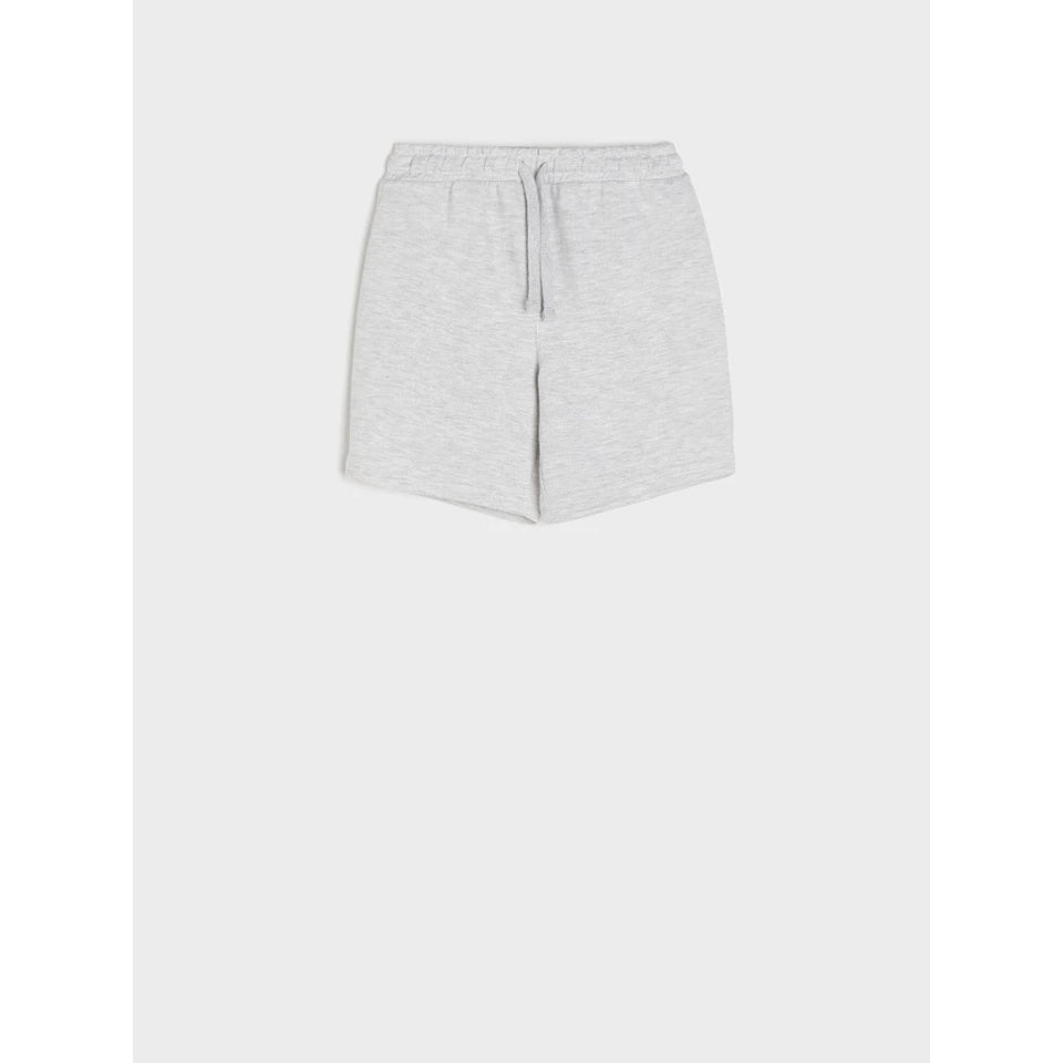Light gray heathered sweat shorts with an elastic waistband and drawstring, shown flat against a light gray background.