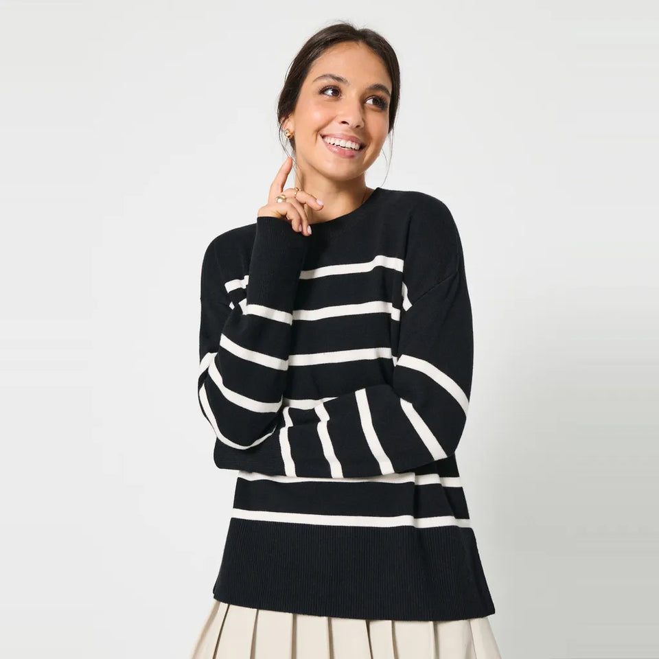 Sinsay Women's Black White Striped Crew Neck Blouse