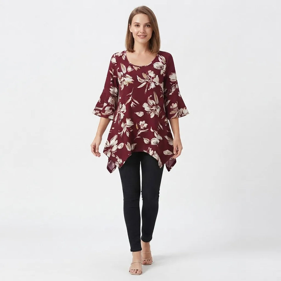 White Mark Women's Red Floral Print Wide Three-Quarter-Sleeve Blouse