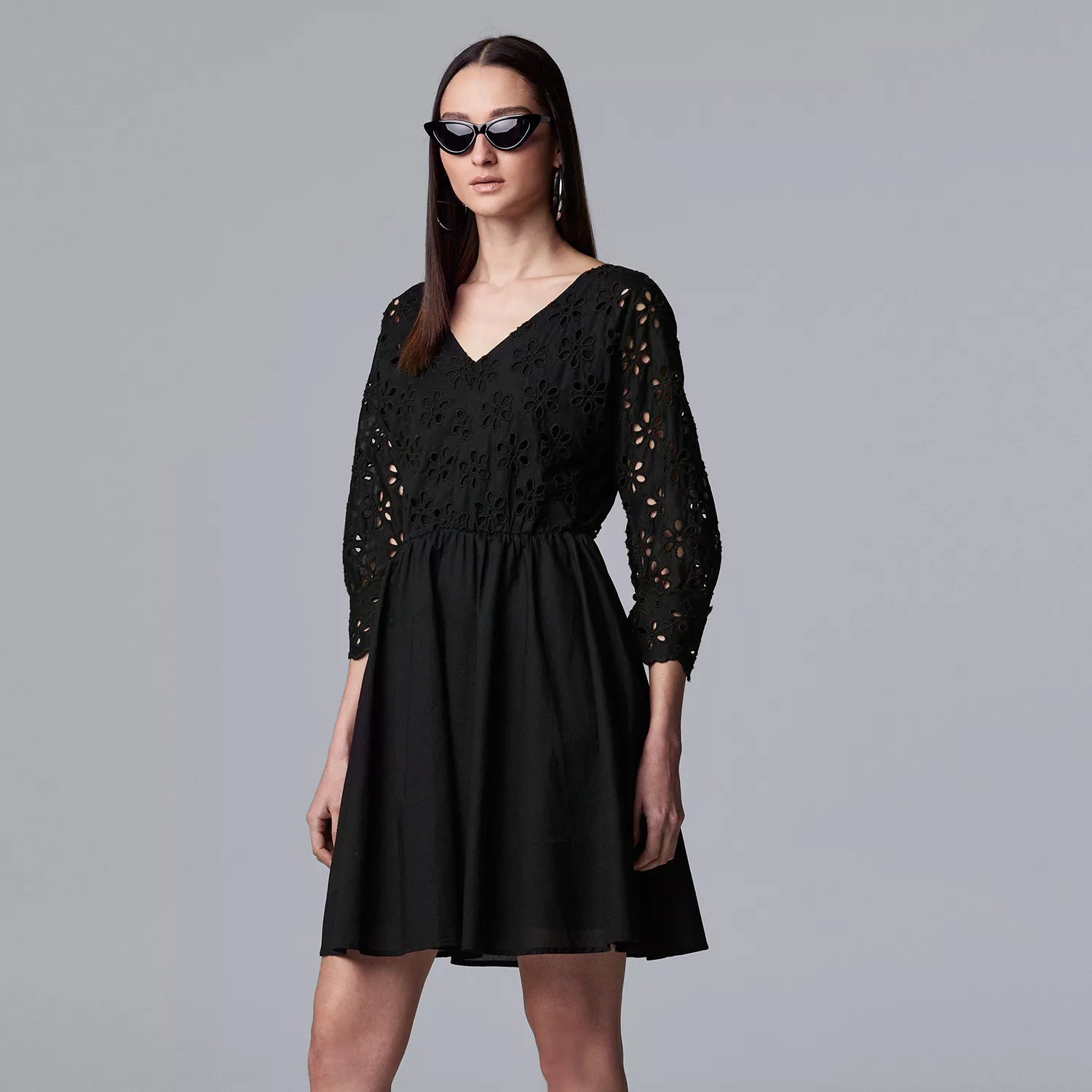 Simply Vera Women's Black Floral Eyelet Embroidered V-Neck Mini Dress|Simply Vera In Lebanon