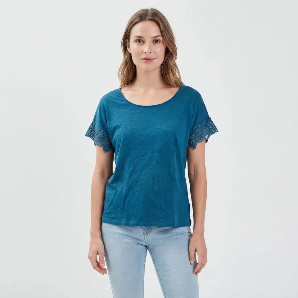 Icollection Women's Navy Blue Lace-Short-Sleeve T-Shirt