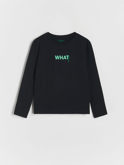 Black long-sleeve shirt with green text on a white background