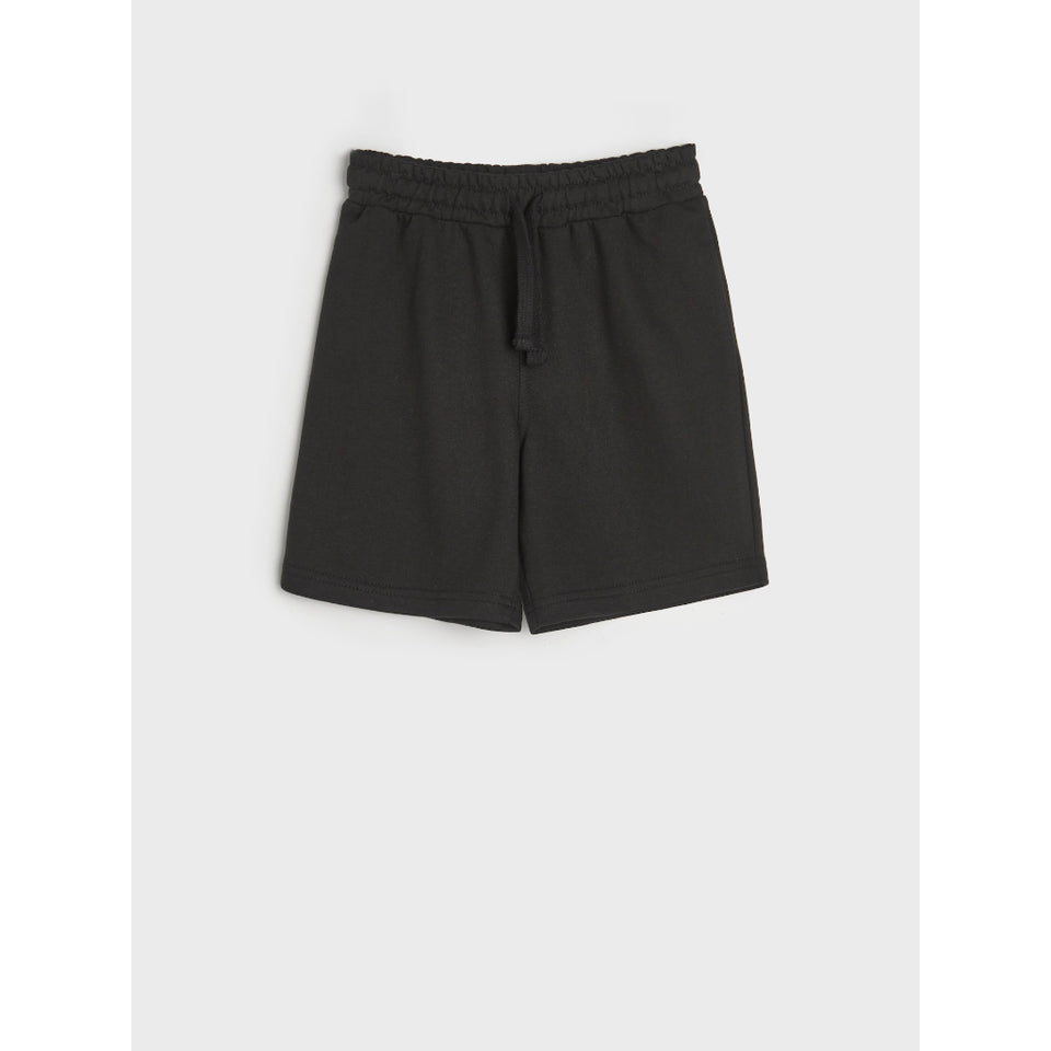 Black athletic shorts with an elastic waistband and drawstring, shown flat on a light gray background.