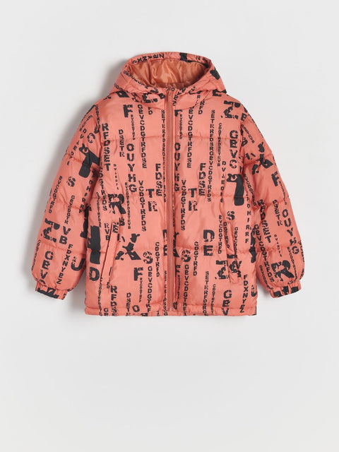 Pink hooded jacket with black text and graphics on a light gray background