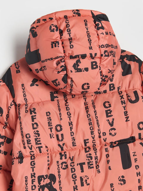 Pink puffer jacket with black text and graphic patterns on a white background