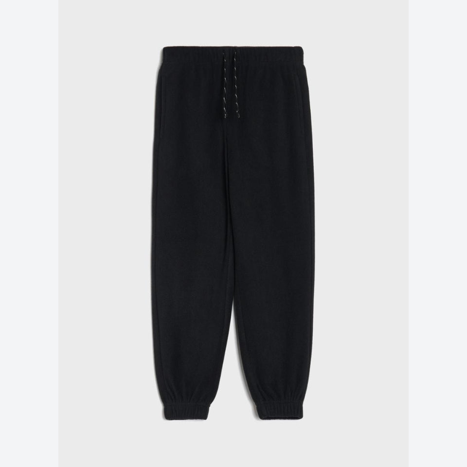 Black jogger sweatpants with an elastic waistband, black drawstrings, and ribbed ankle cuffs, shown flat against a light gray background.