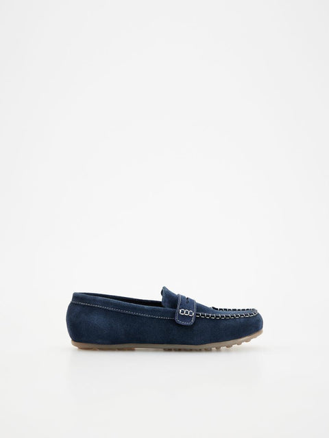 Navy blue loafer shoe on a white background