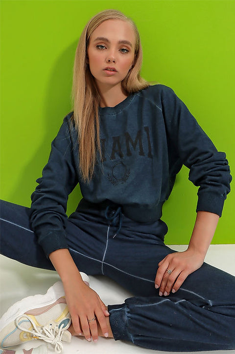 Xlaçati Stili Women's Washed Navy 2 pcs Comfort Long Sleeve Set | Xlaçati Stili In Lebanon
