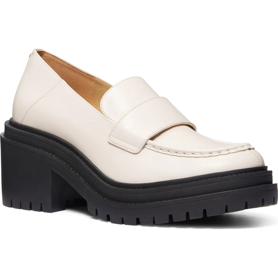 A single platform loafer in off-white leather with a chunky black lug sole, shown from a side profile on a white background.
