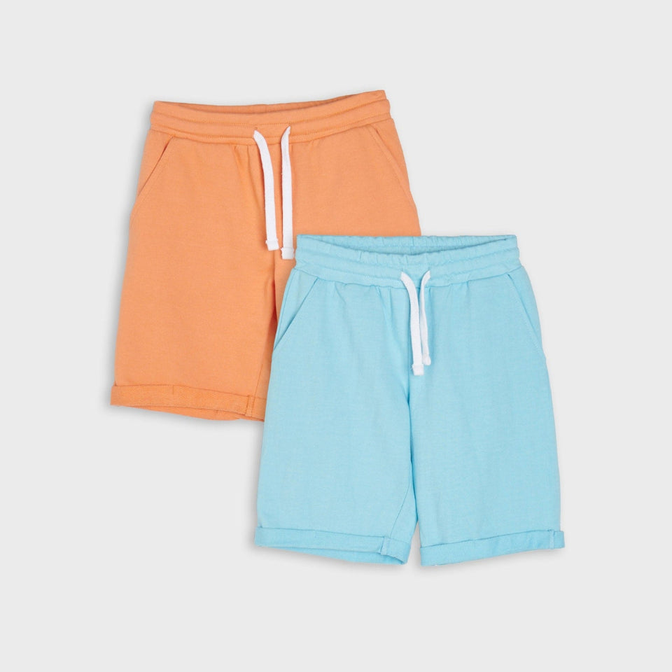 Two pairs of kids' sweat shorts in orange and light blue, featuring white drawstrings, displayed on a light gray background.