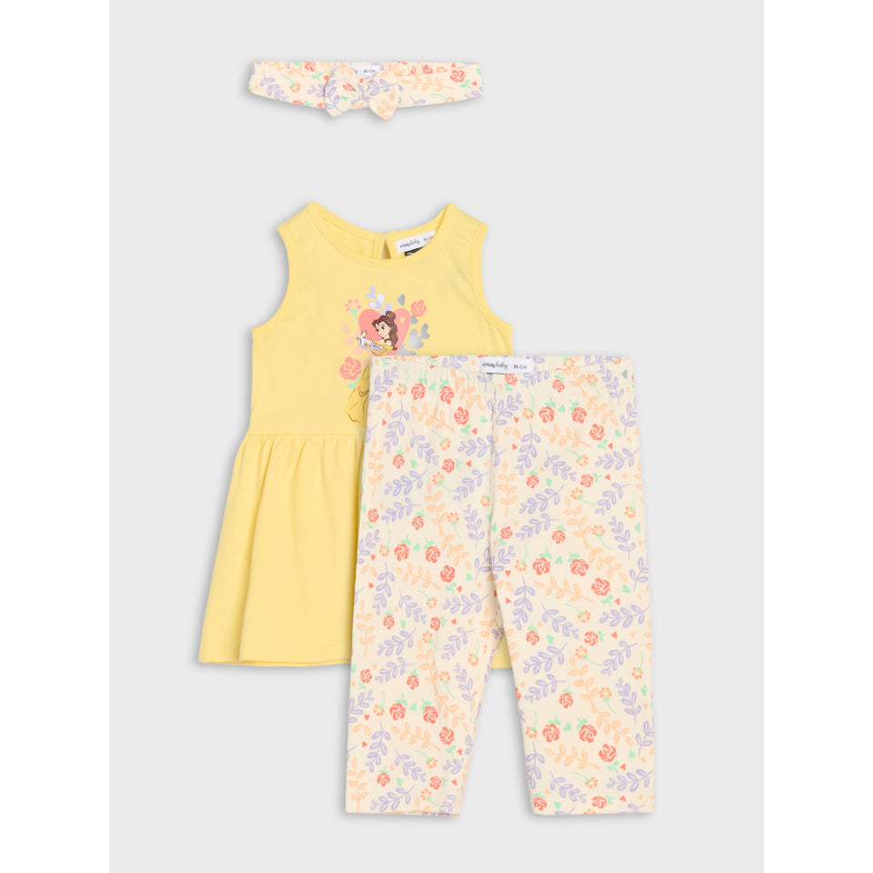 A three-piece baby girl's outfit set featuring a yellow sleeveless dress with a cartoon princess graphic, floral print leggings, and a matching floral headband, displayed on a light gray background.