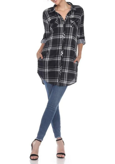 White Mark Women's Black & White Plaid Successfully Comfortable Long Sleeve Shirt |White Mark In Lebanon