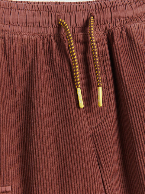 Close-up of brown corduroy shorts with drawstring