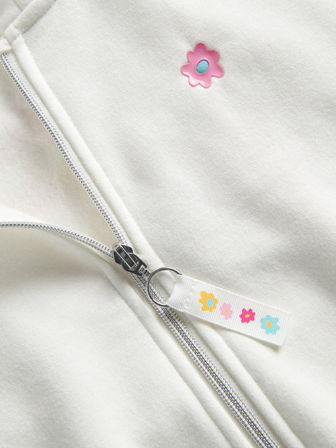 Close-up of a white zipper on a garment with colorful flower designs on the pull tab.