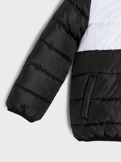 Black puffer jacket on a white background