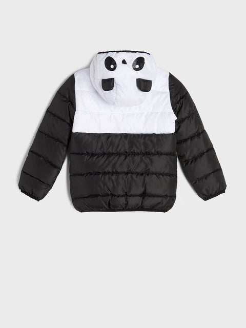 Black and white puffer jacket with panda face design on a light gray background