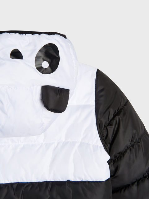 Black and white puffer jacket with cartoon face design on a white background