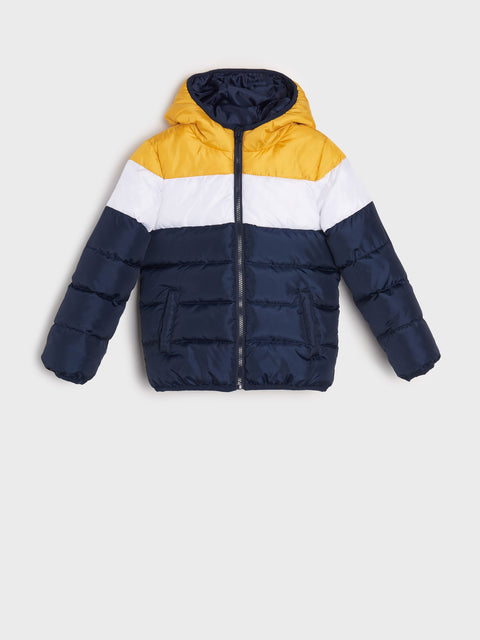 Children's puffer jacket with a striped design on a light gray background