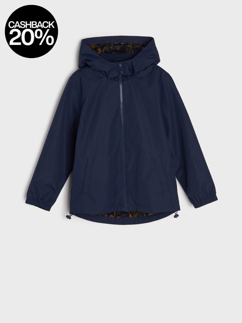 Navy blue jacket with floral lining on a white background