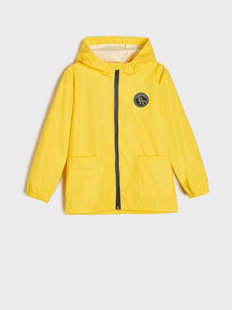 Yellow jacket with a brand logo on a white background