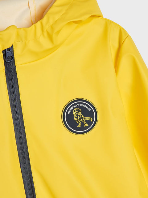 Yellow jacket with a black zipper and logo on a white background
