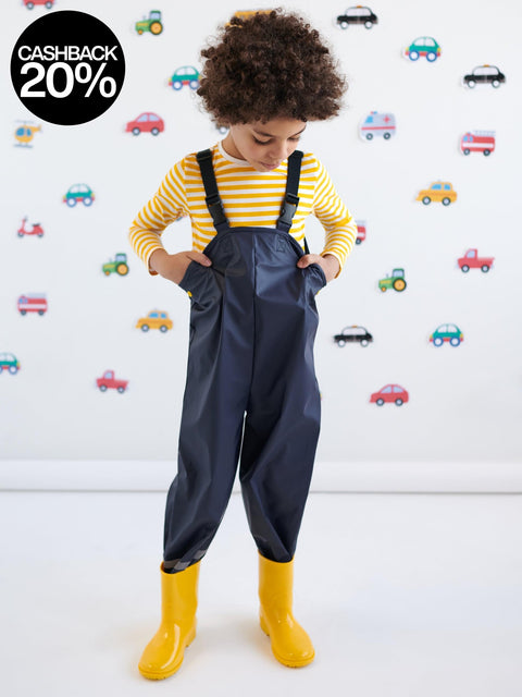 Child wearing a yellow striped shirt, dark blue rain pants, and yellow rain boots against a background with vehicle illustrations.
