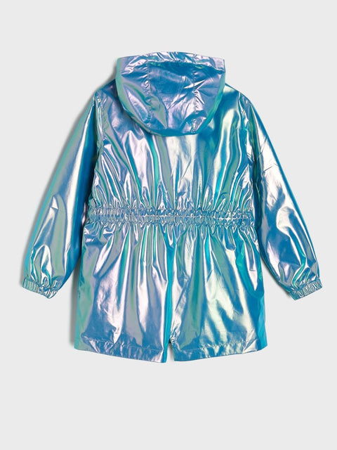 Holographic blue jacket on a light gray background