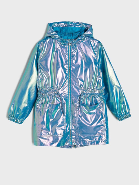 Iridescent blue raincoat on a light gray background