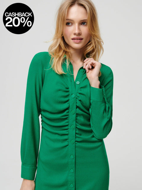Woman wearing a green dress against a plain background