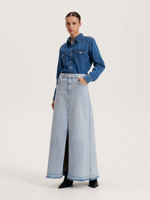 Reserved Women's Light Blue Front Cutout Maxi Denim Skirt | Reserved In Lebanon