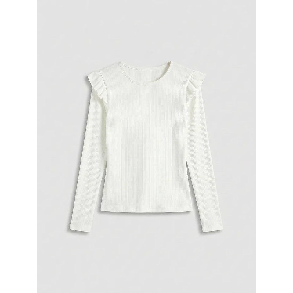 A white long-sleeve ribbed knit top with ruffled shoulder details, displayed flat against a light gray background.