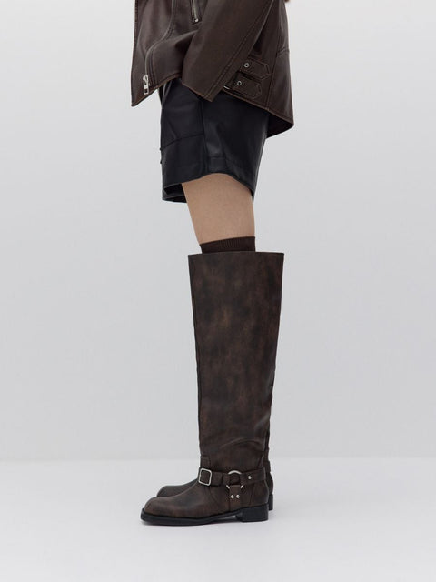 Reserved Women's Dark Brown Leather Buckled Distressed Boots |Reserved In Lebanon