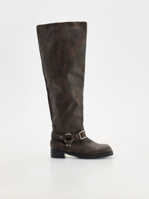 Reserved Women's Dark Brown Leather Buckled Distressed Boots |Reserved In Lebanon