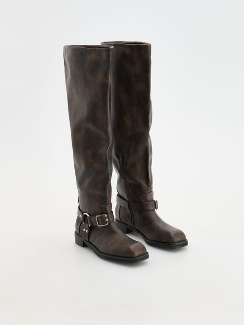 Reserved Women's Dark Brown Leather Buckled Distressed Boots |Reserved In Lebanon