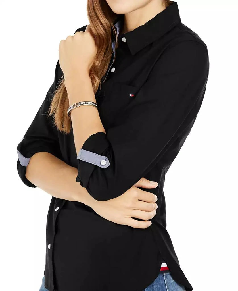 Tommy Hilfiger Women's Black Cotton Roll-Tab Button-Up Shirt|Tommy Hilfiger In Lebanon