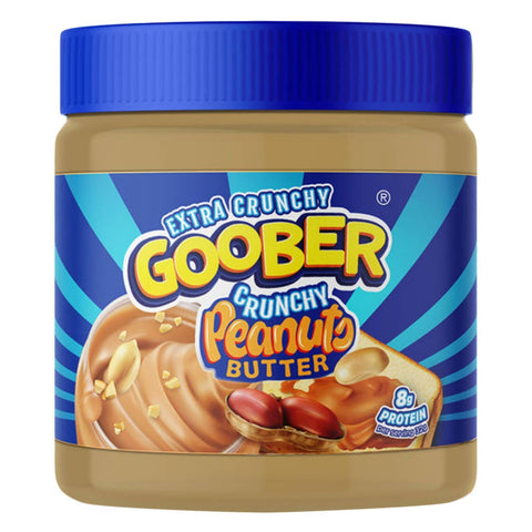 Jar of Goober crunchy peanut butter with blue lid and label