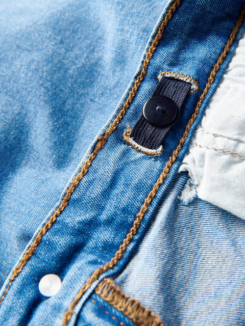 Close-up of a blue denim fabric with stitching and button details