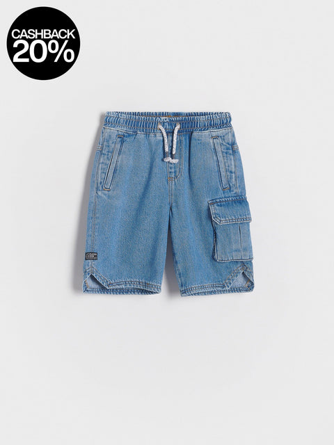 Blue denim shorts on a light gray background