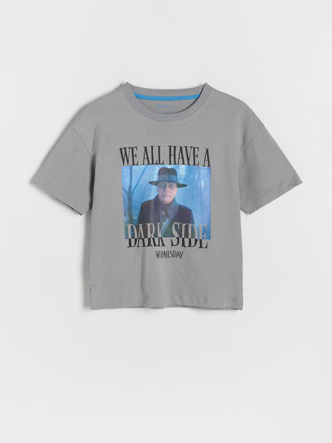 Gray t-shirt with graphic design and text on a white background