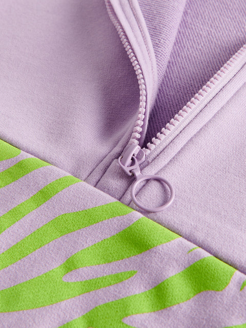 Close-up of a purple jacket with green pattern and zipper