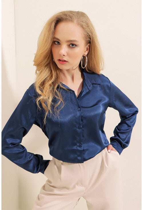Merterium Women's Navy Blue Draped Satin Shirt |Merterium In Lebanon