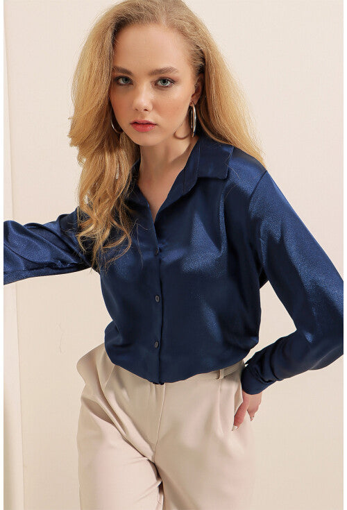 Merterium Women's Navy Blue Draped Satin Shirt |Merterium In Lebanon