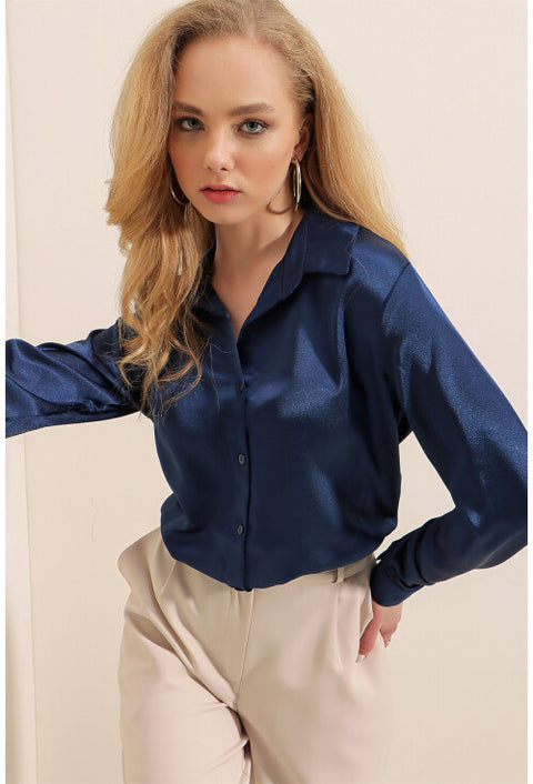 Merterium Women's Navy Blue Draped Satin Shirt |Merterium In Lebanon