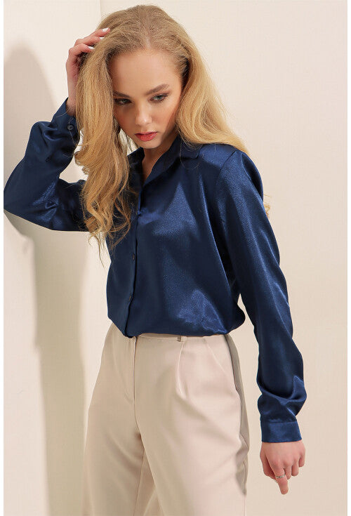 Merterium Women's Navy Blue Draped Satin Shirt |Merterium In Lebanon