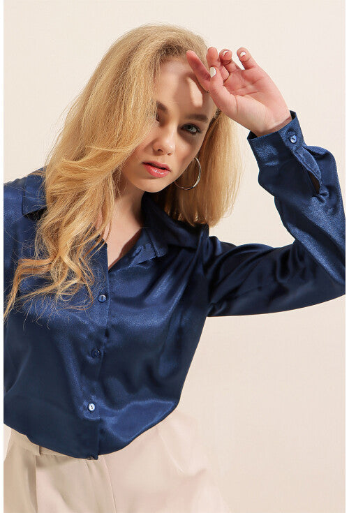 Merterium Women's Navy Blue Draped Satin Shirt |Merterium In Lebanon